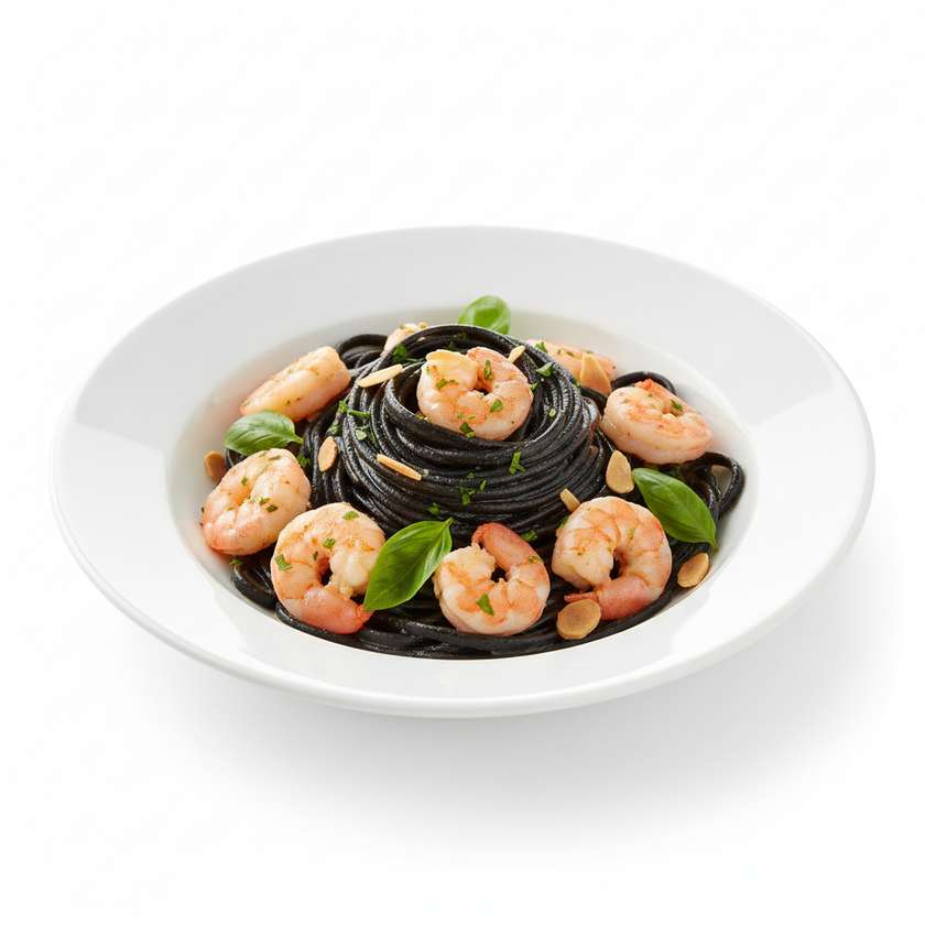 Black Linguini with Shrimp, Toasted Almonds and Basil