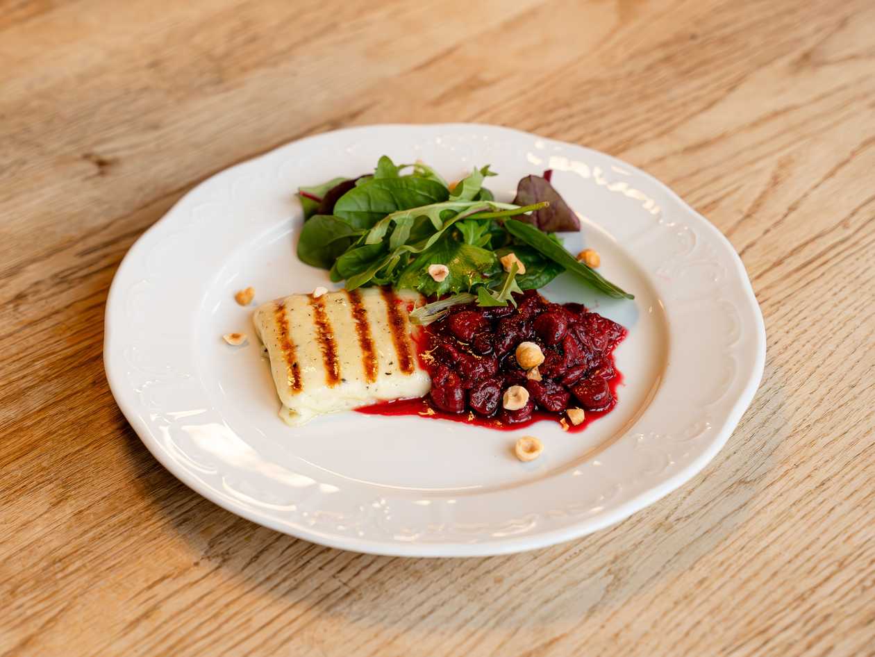 Grilled Halloumi Cheese with Spiced Cherry and Fresh Salad