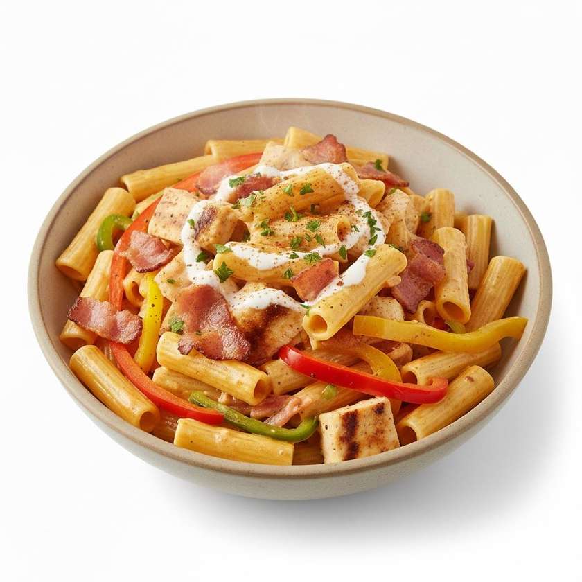 Rigatoni, Chicken, Bacon, Peppers, Cream with a touch of Paprika