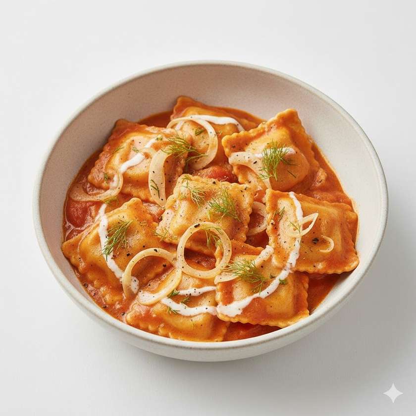 Salmon Ravioli with Fennel, Tomato Sauce & Cream Pasta