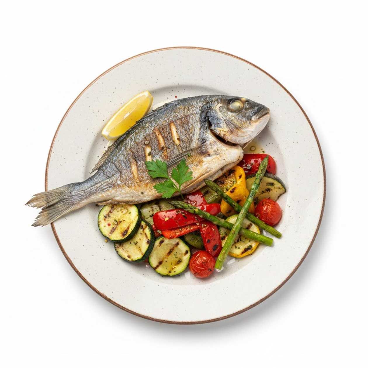 Dorada la grătar cu legume la grătar