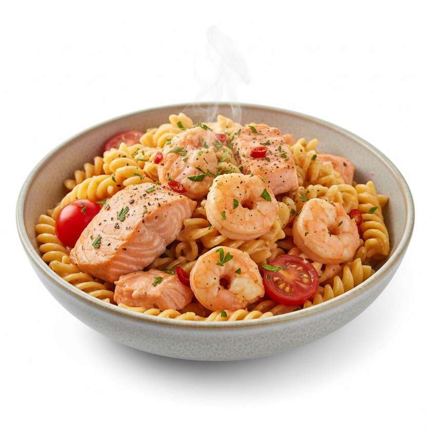Fusilli, Salmon, Prawn, Cherry Tomatoes & Creamy Salsa