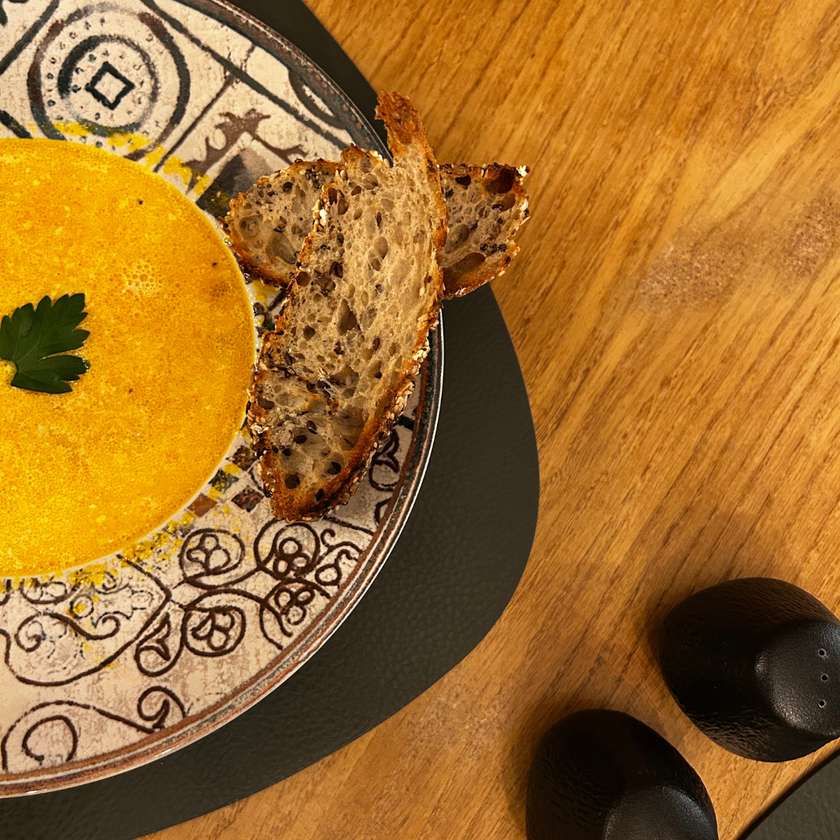 Pleurotus Soup - served with chili peppers & toasted rustic bread