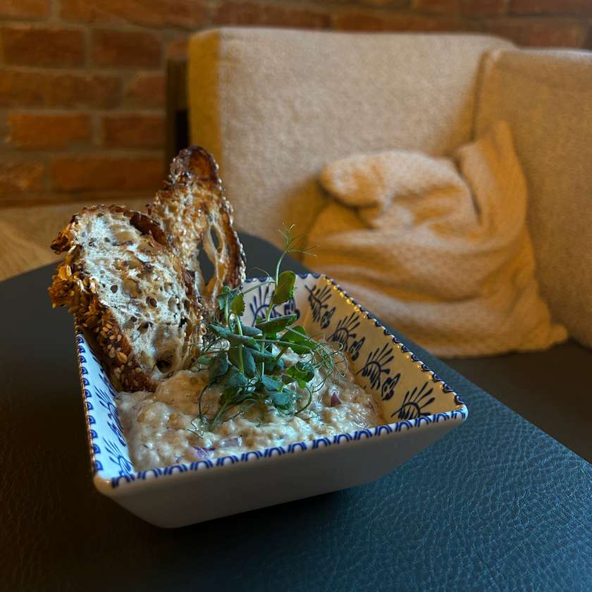 Smoked Eggplant Salad - served with rustic bread chips
