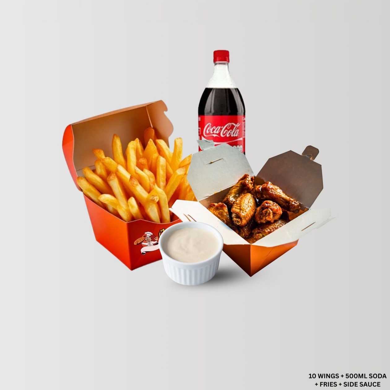 10 wings,Fries,500ml soda & side sauce