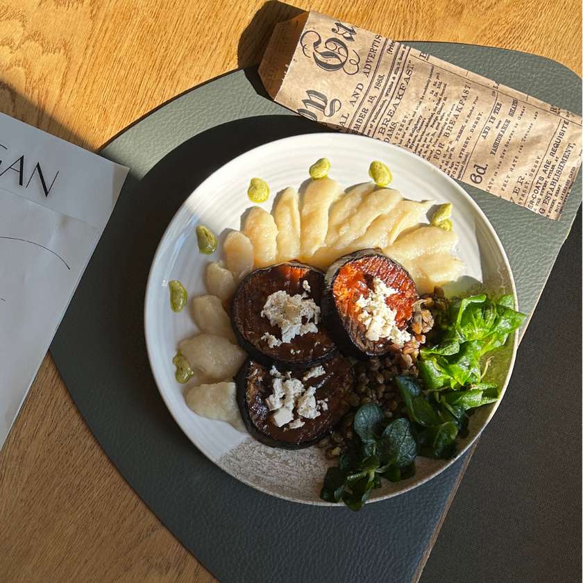 miso Eggplant with green Lentils & Kohlrabi purée -served with jalapeño dressing & caramelized vegan