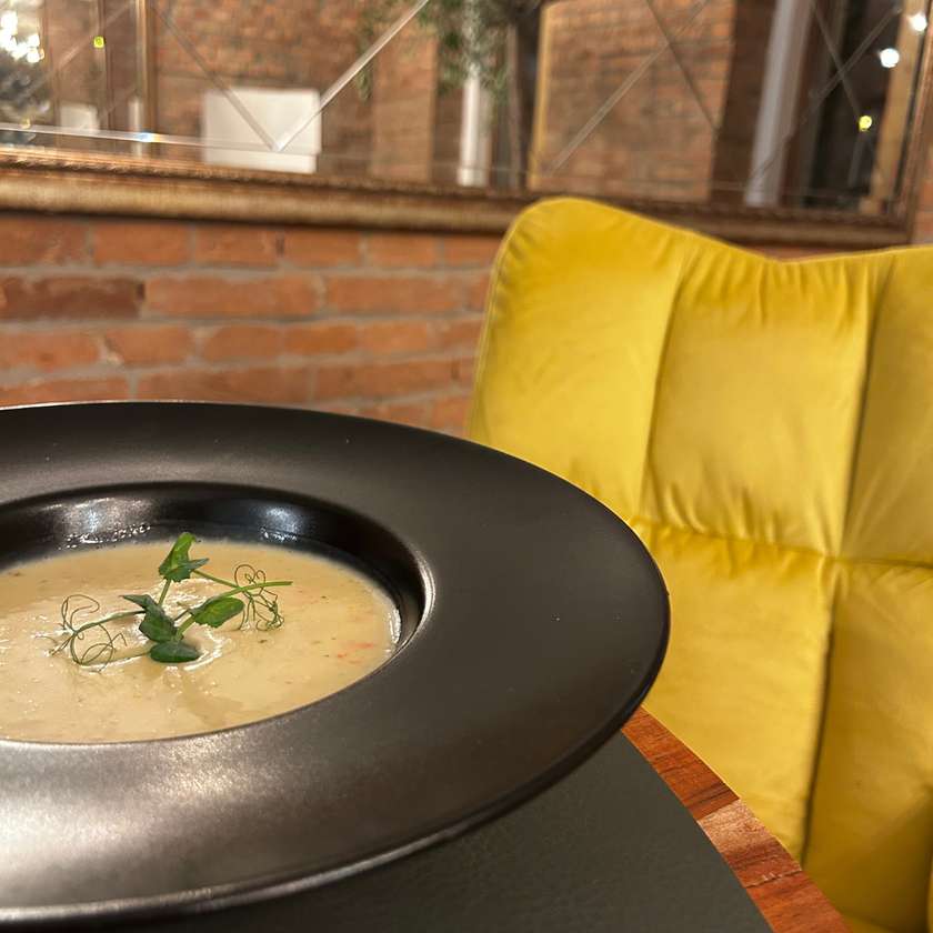 Baked Garlic Cream Soup - served with rustic bread chips