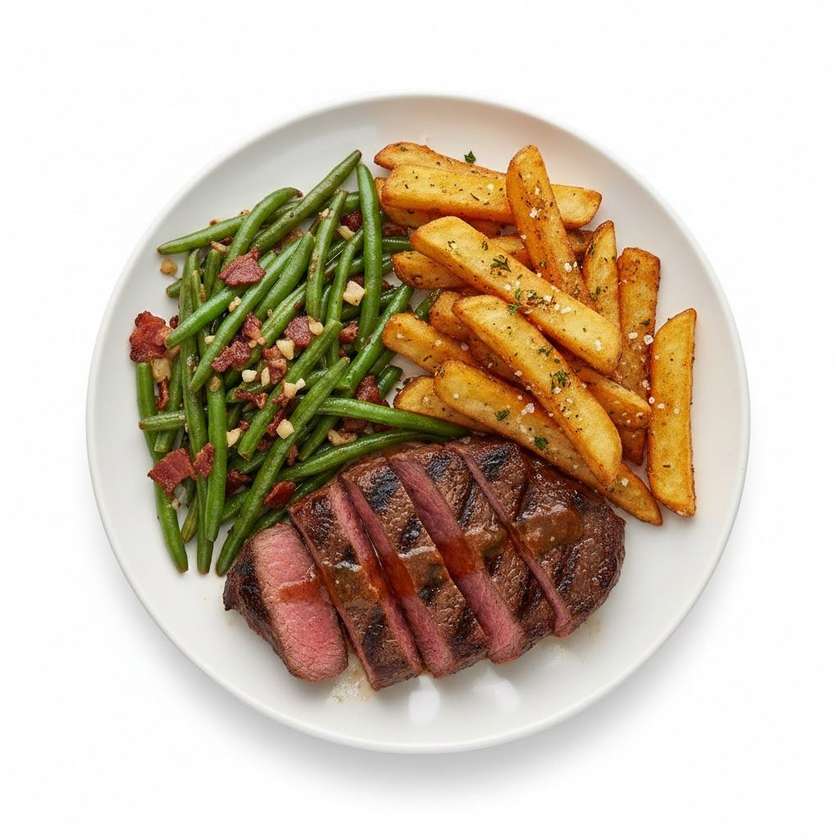 Flank steak, beans with bacon and garlic, fries 250g