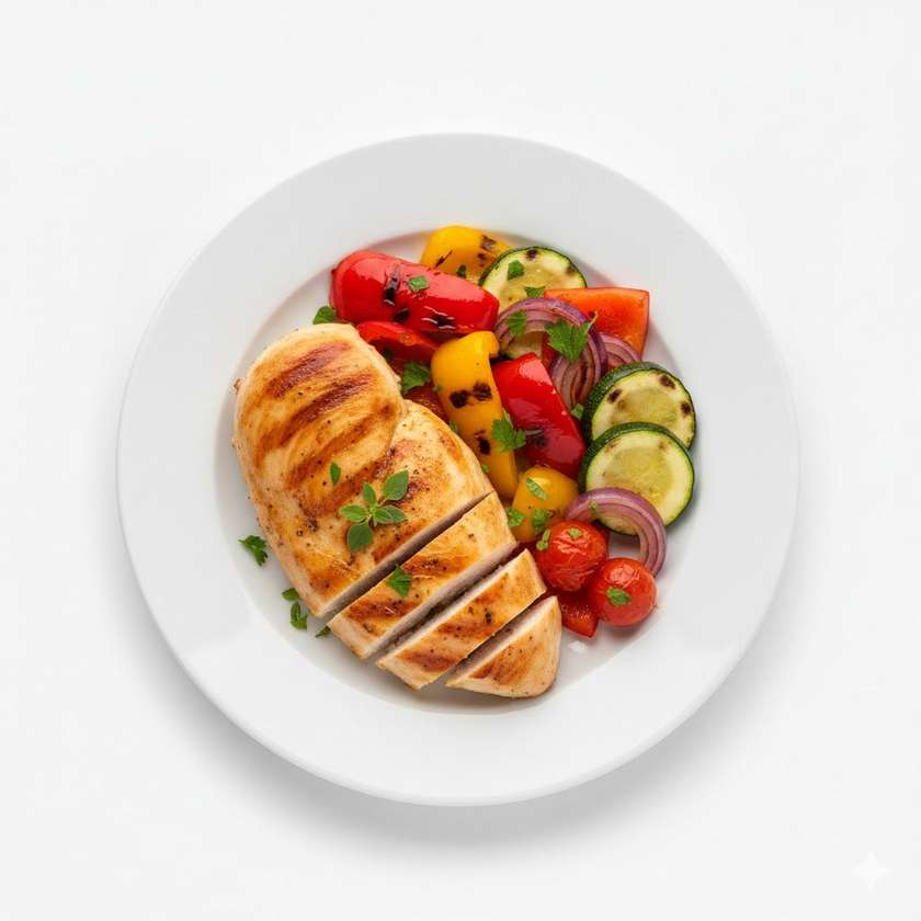 Chicken breast on herbs with stewed vegetables on butter 200g