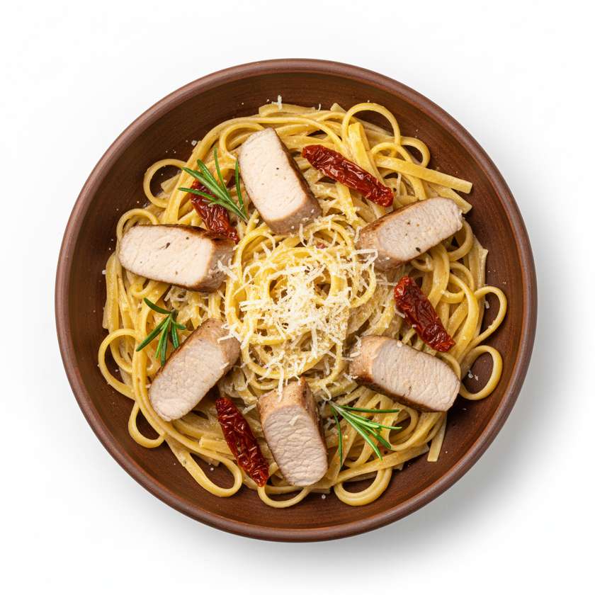 Tagliatelle with pork tenderloin slices