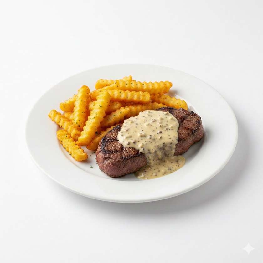 Beef steak with pepper sauce, steak fries 250g
