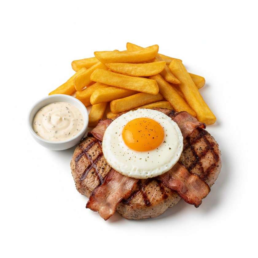 Pork neck, red beans with shallots, french fries 300g