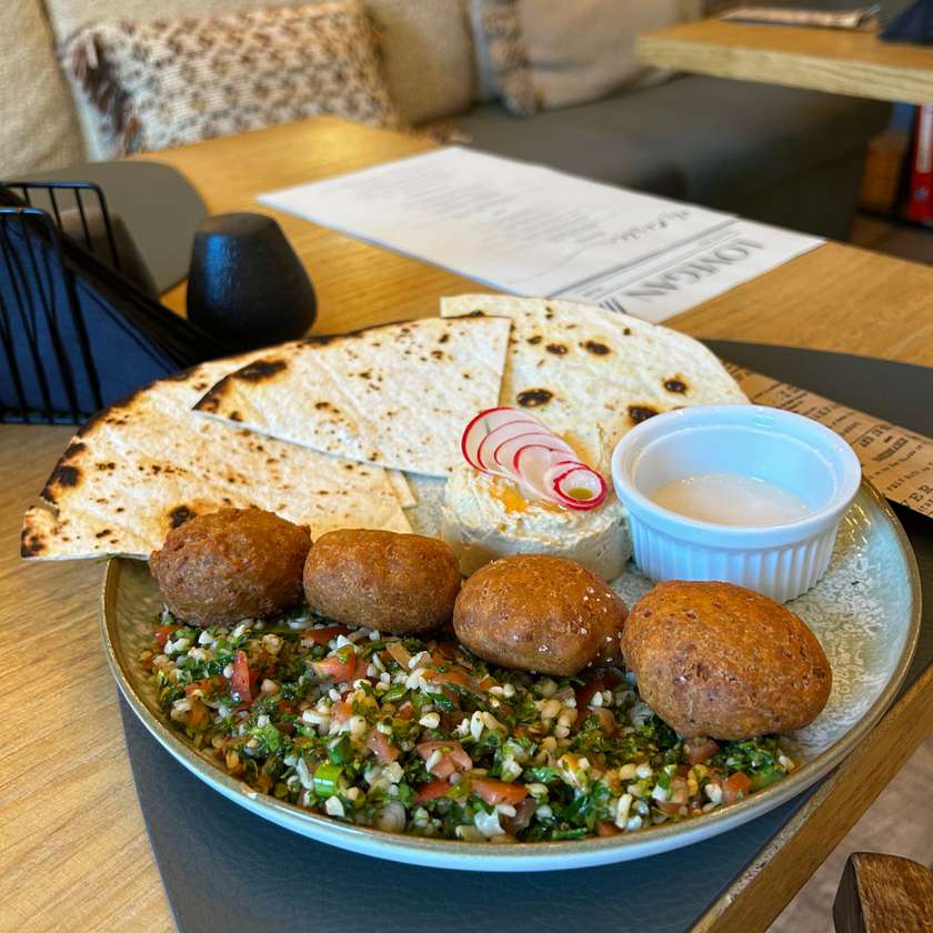 Falafel with Tabbouleh salad - served with hummus, tahini sauce & fried tortilla