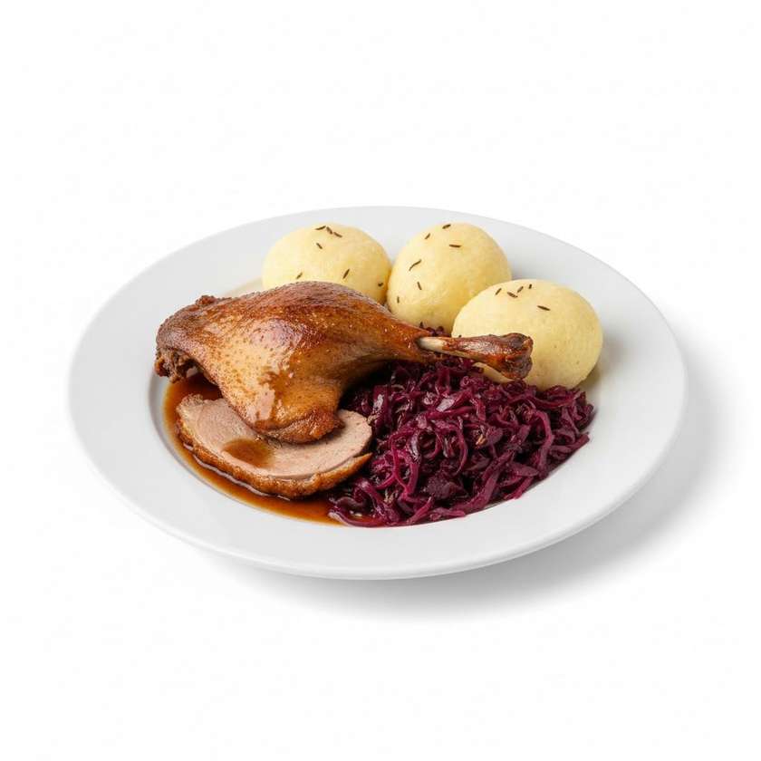 Roast duck, dumplings,red cabbage