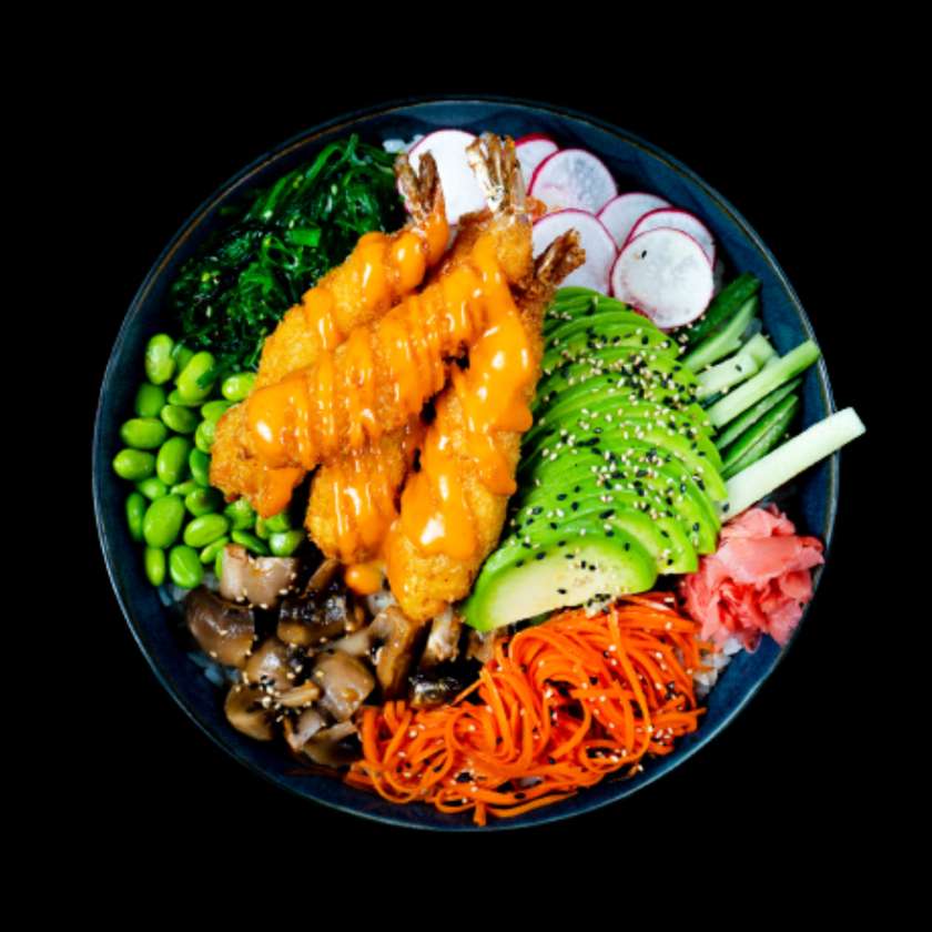 Vegan tempura hiidkreveti poke