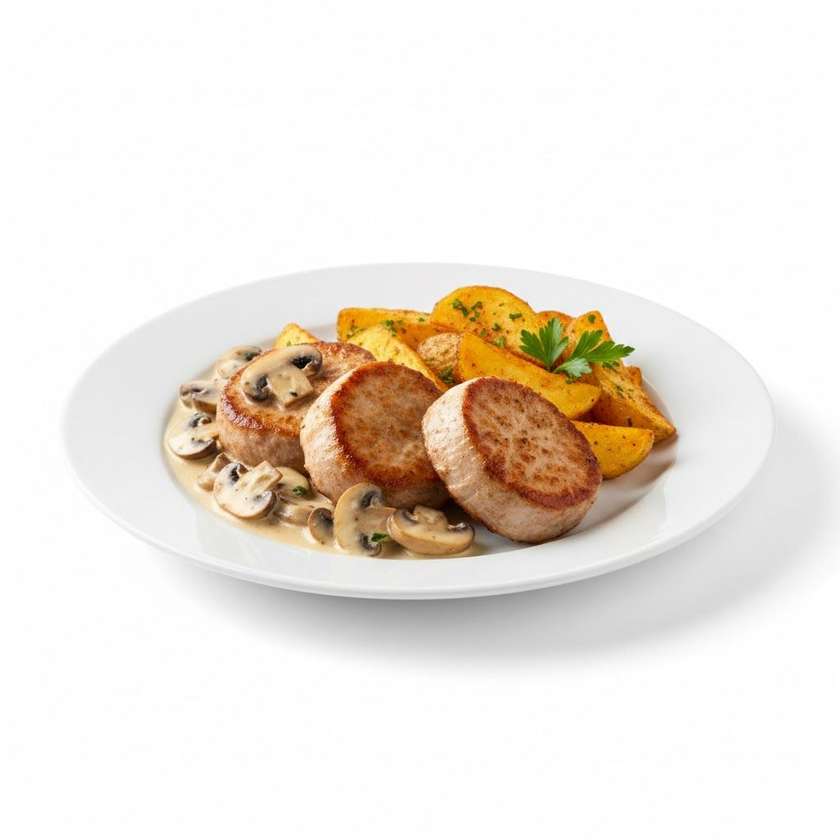 Pork medallions with mushroom sauce, American potatoes 200g