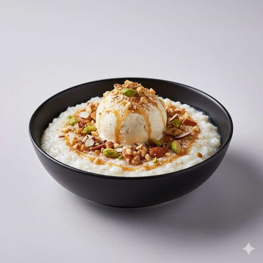 Rice Pudding with Nuts and Ice Cream