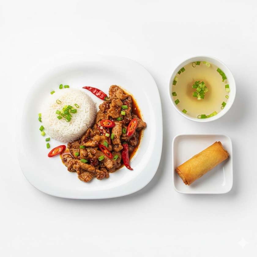 36. Bravčové mäso na pikantný spôsob + ryža+polievka(rolka)