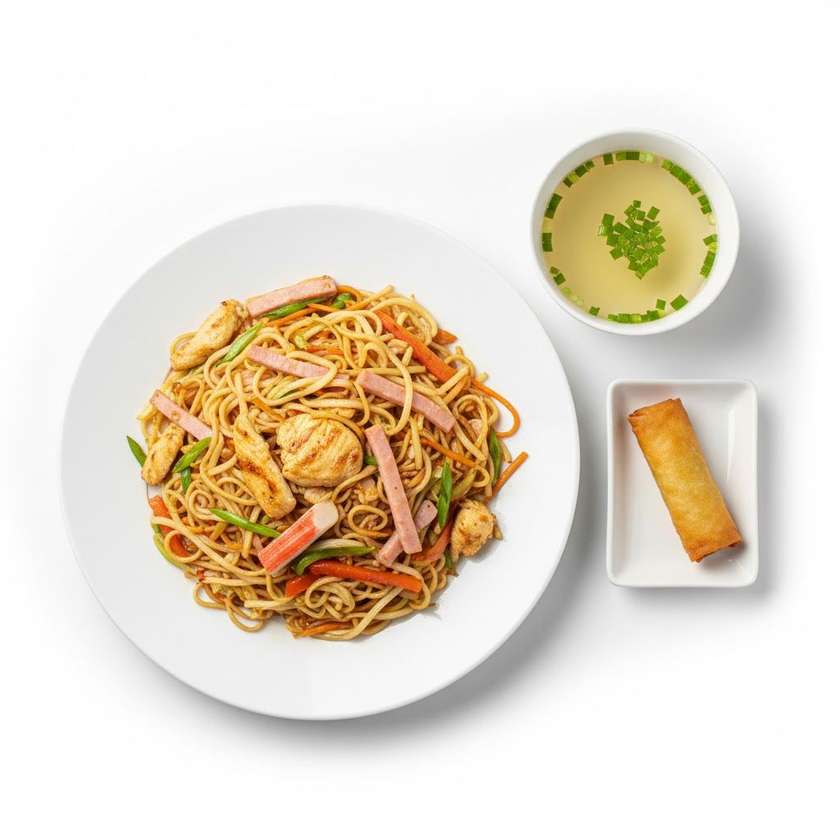 110. pečené ryžové rezance s tromi druhmi (kura, šunka, krab. tyč.)3.4.6.+polievka(rolka)