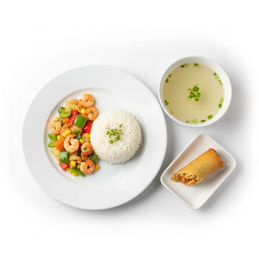 80. Drobné krevety so zeleninou + ryža+polievka(rolka)