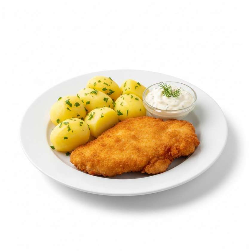 Fried Chicken Schnitzel with Potatoes and Tartar Sauce