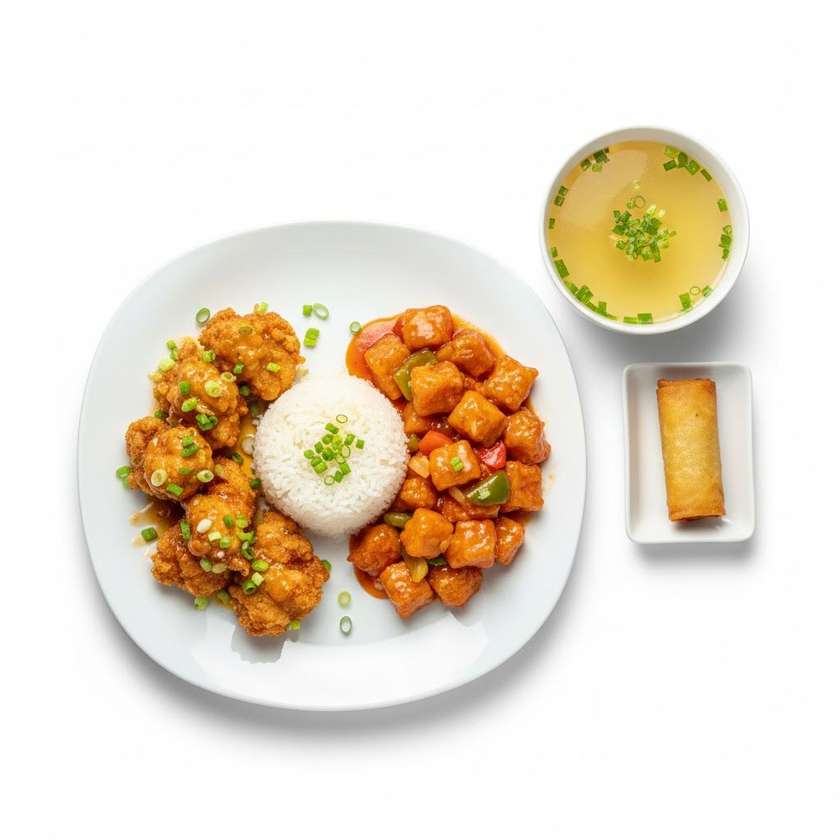 A148. Voňavé chrumkavé kurča + sladko-kyslé bravčové mäso +ryža+polievka(rolka)