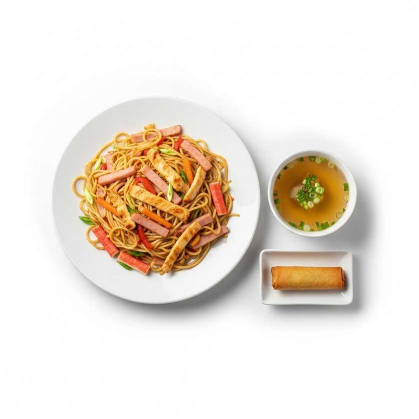 106. Pečené špagety s tromi druhmi (kura, šunka, krab. tyč.)3.4.6.+polievka(rolka)