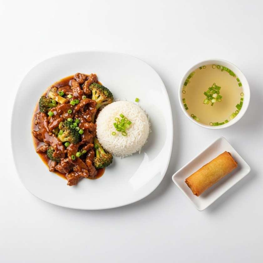 45. Hovädzie mäso s brokolicou + ryža+polievka(rolka)