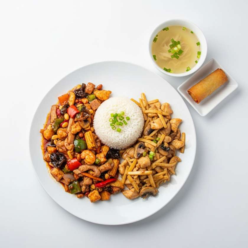 149. Osem drahocenností (ostré) + kurča s bambusovými výhonkami a hubami +ryža +polievka(rolka)