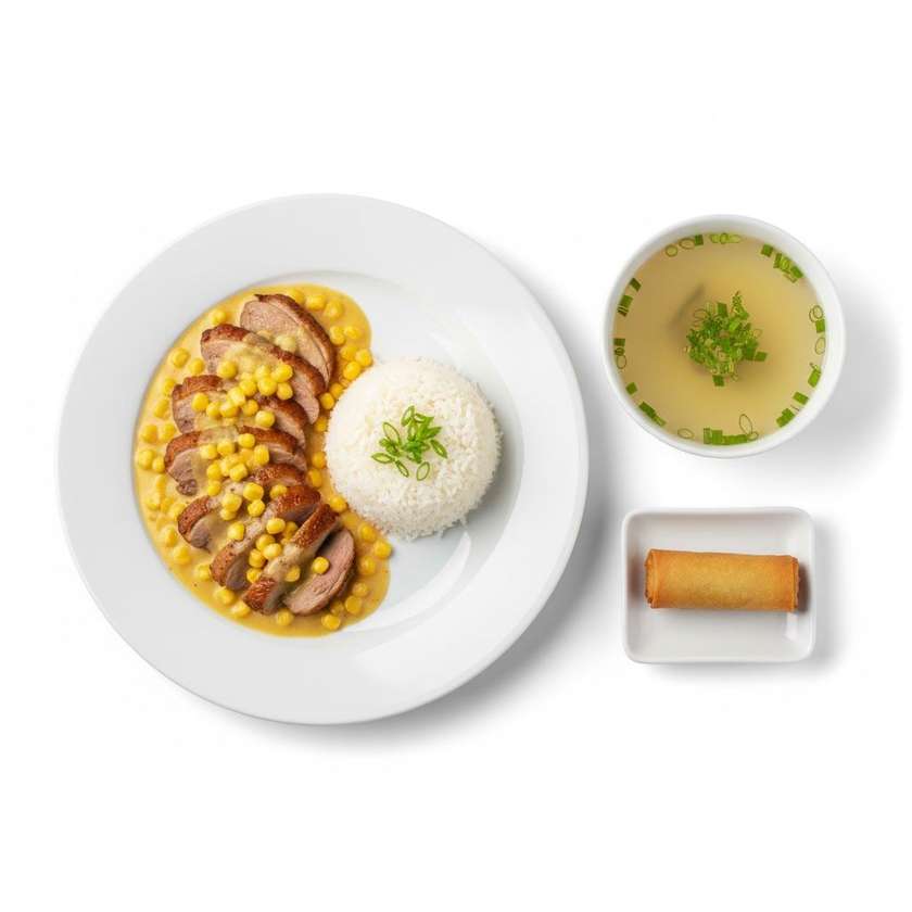 67. Kačica s kukuricou +ryža+polievka(rolka)