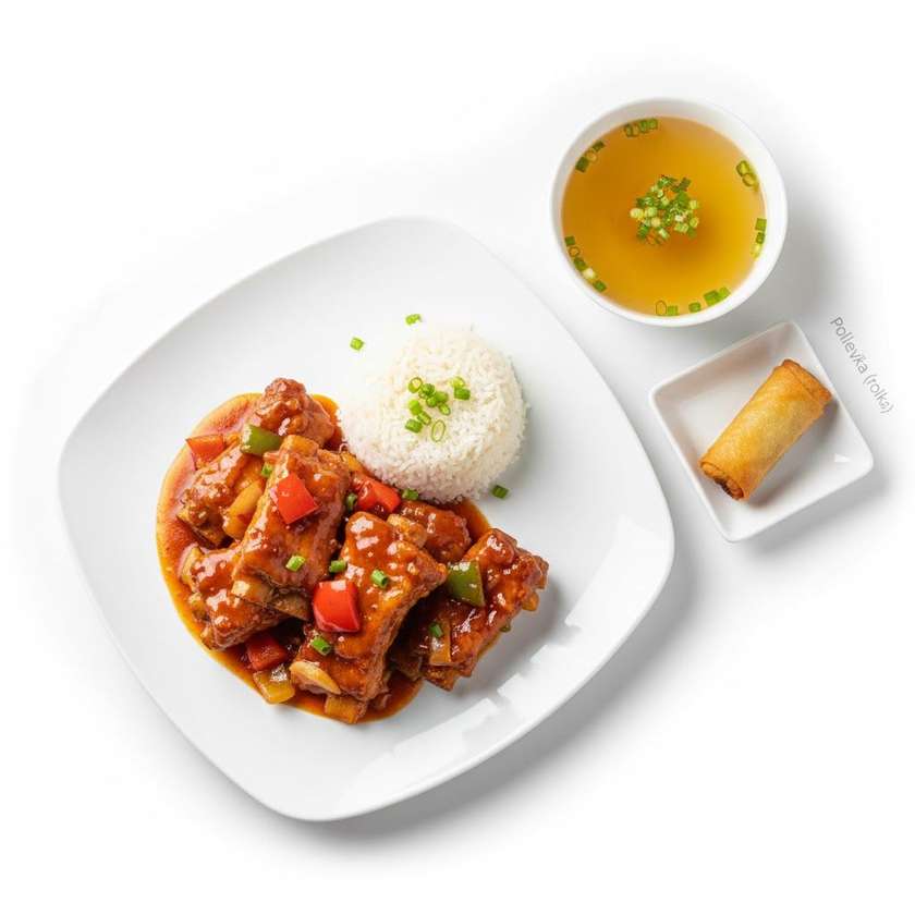 39. Sladko- kyslé bravčové rebierko + ryža+polievka(rolka)