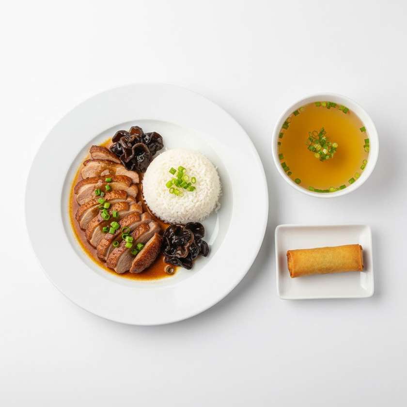 69. Kačica so stromovými hubami ‘Judášove ucho’ + ryža+polievka(rolka)