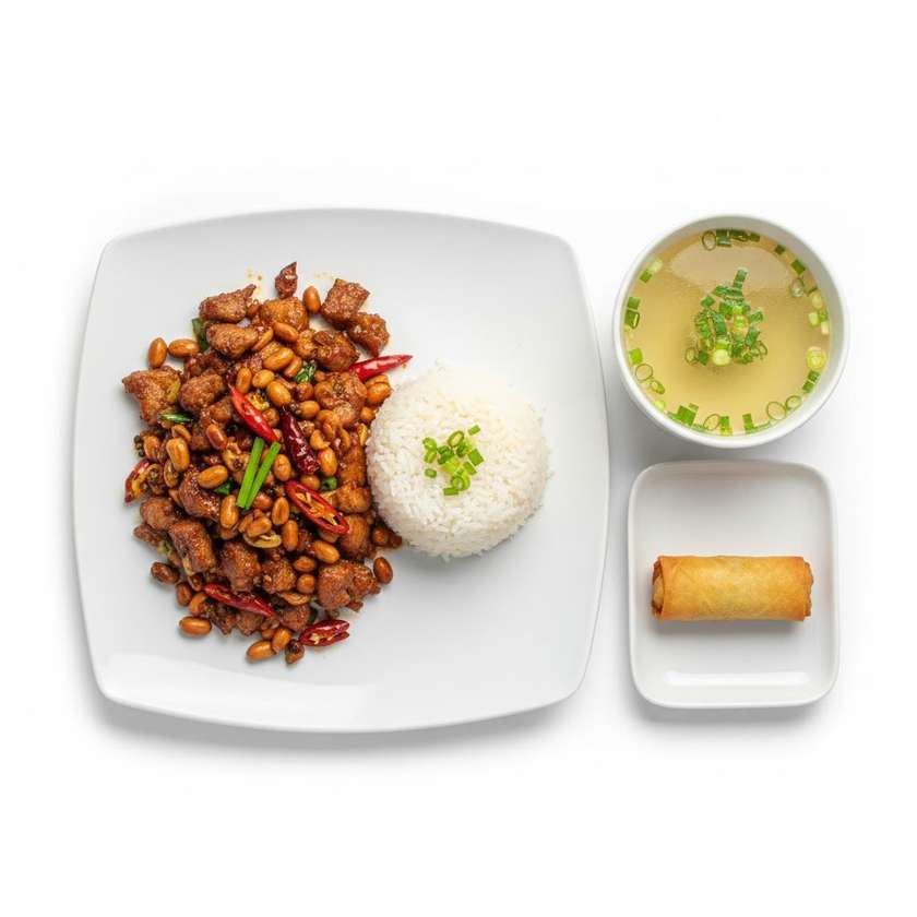 38. Bravčové Kung- pao ( ostré s arašidami) + ryža+polievka(rolka)