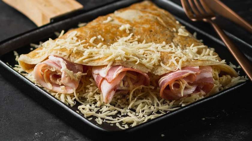 Pancake with cheese and bacon