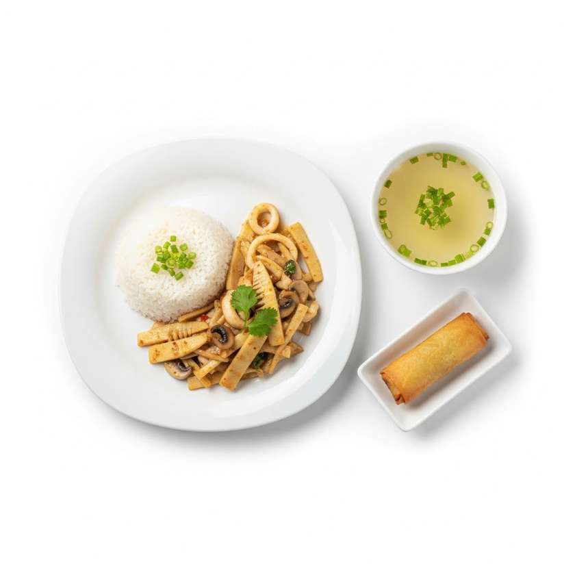 76. Sépia s bambusovými výhonkami a hubami +ryža+polievka(rolka)