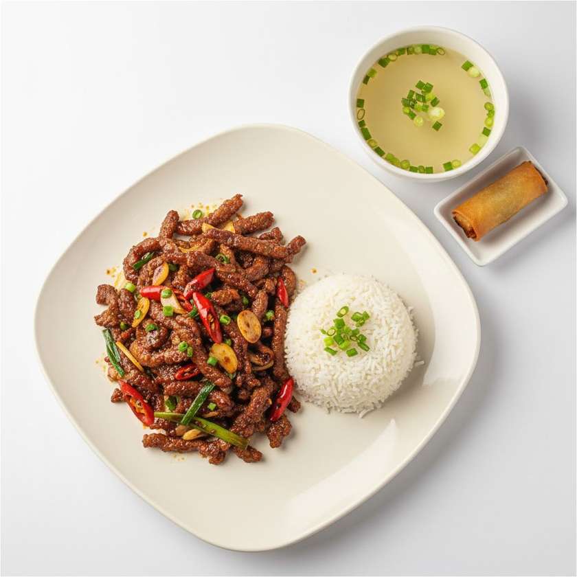 46. Hovädzie mäso Gan bian (ostré) + ryža+polievka(rolka)