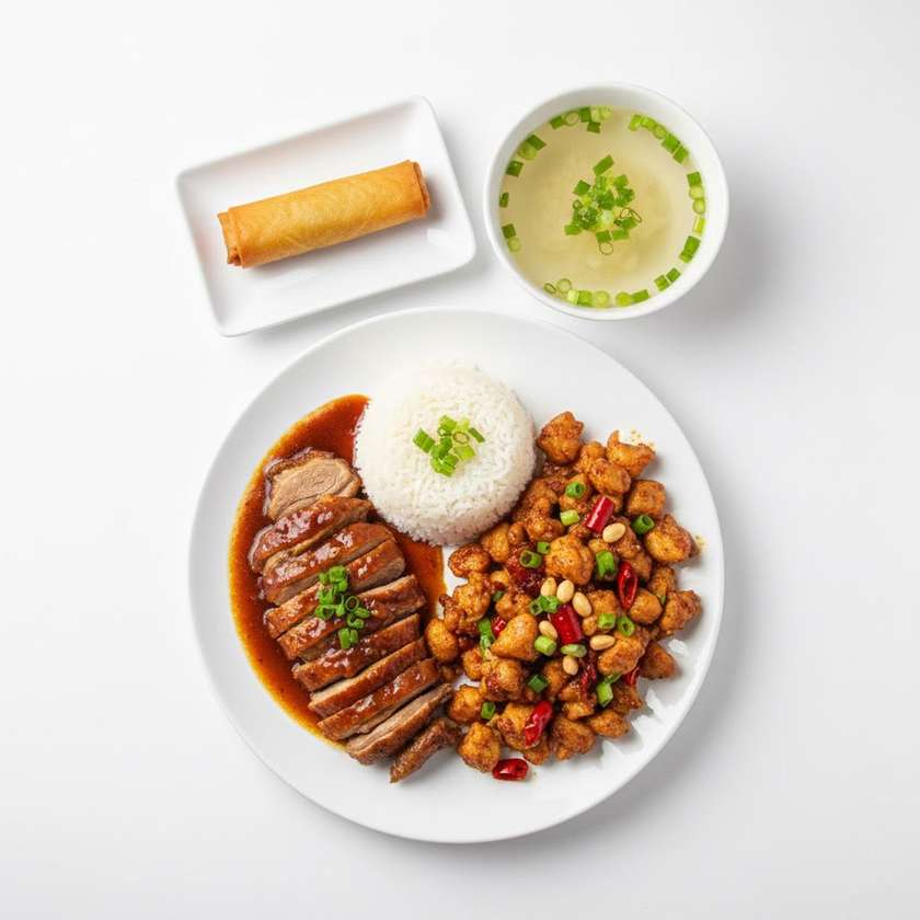 A147 Voňavá chrumkavá kačica + Kurča Kung-pao (ostré)+ryža +polievka(rolka)