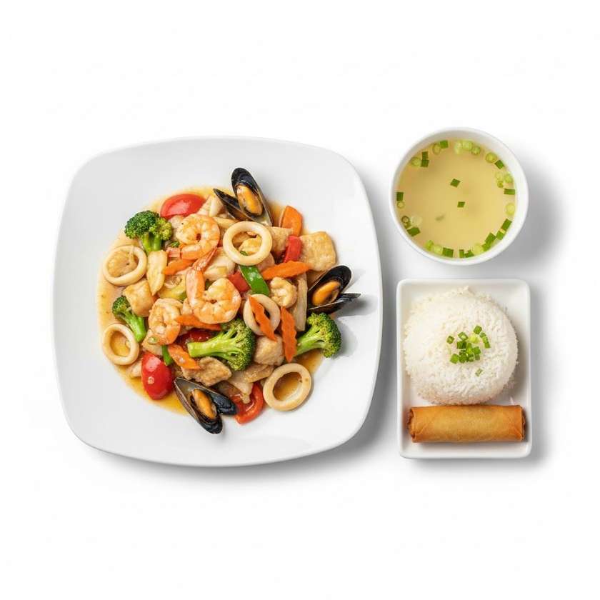 133. Dusené mix morské jedlo + ryža+polievka(rolka)