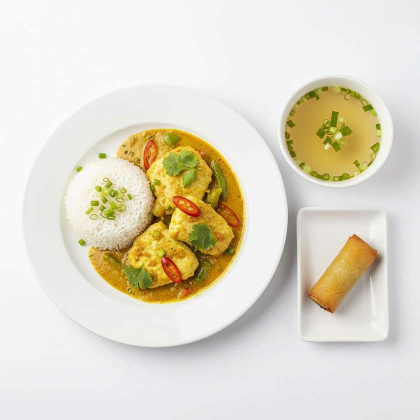 72. Ryba s curry + ryža+polievka(rolka)