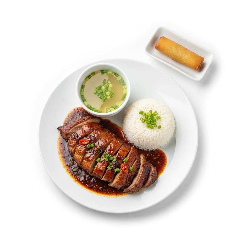 136. Kačica na spôsob Guang dong (ostré) + ryža+polievka(rolka)