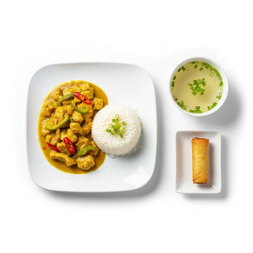 32. Bravčové mäso s curry + ryža+polievka(rolka)