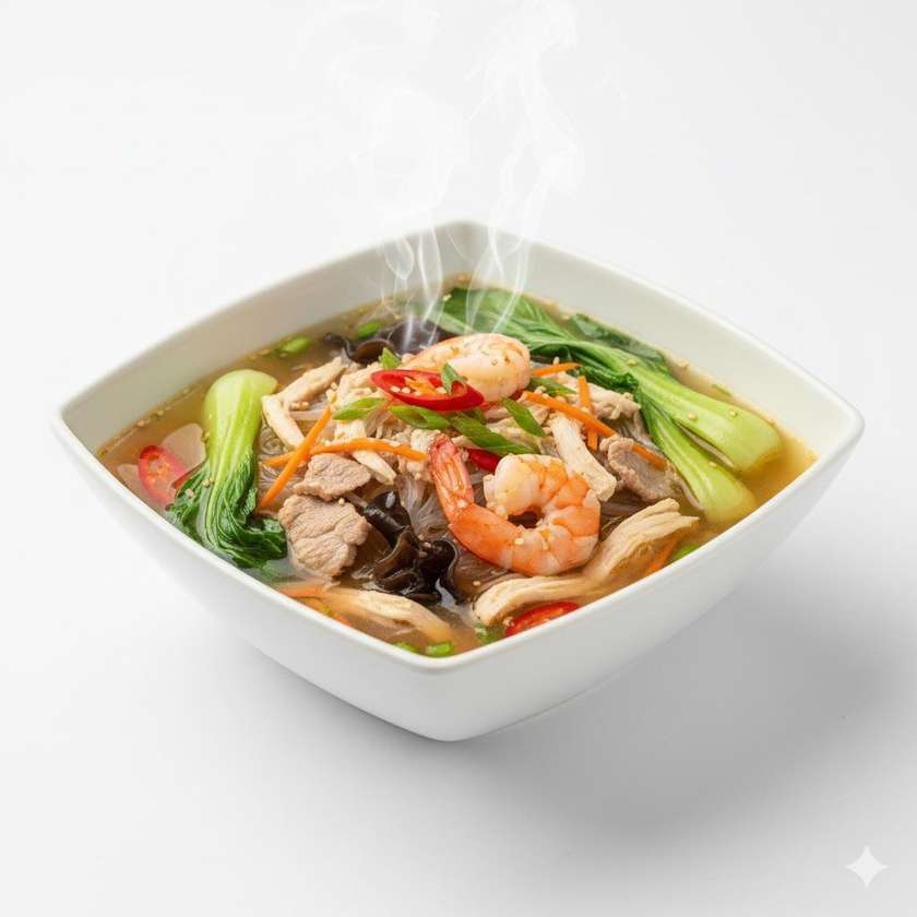 134A. Polievka s tromi druhmi mäso a sklovitými rezancami