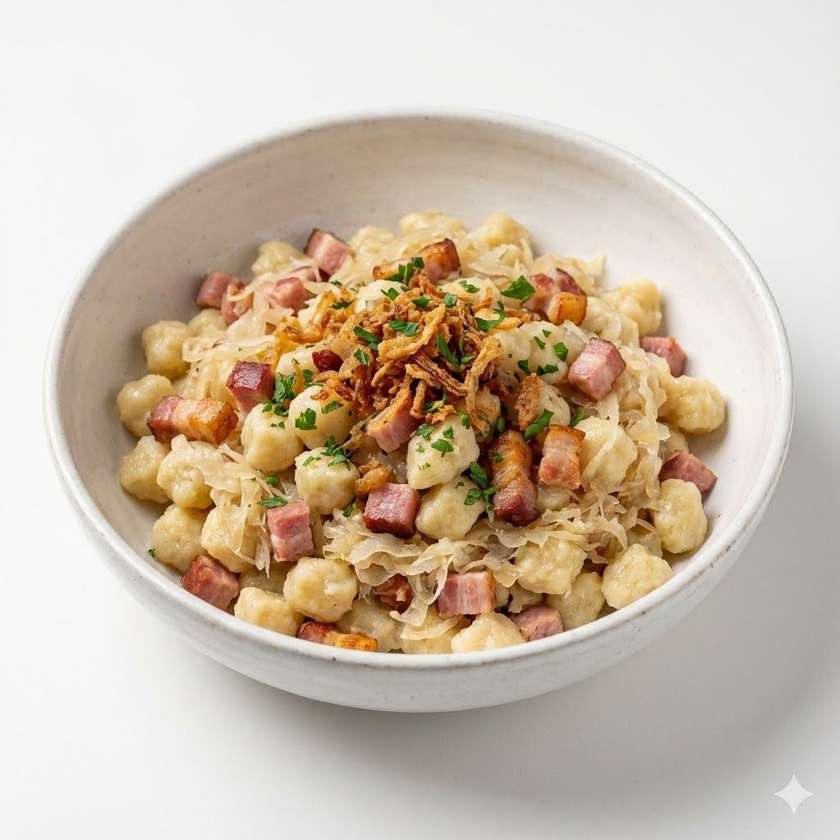 Halušky with smoked meat and sauerkraut