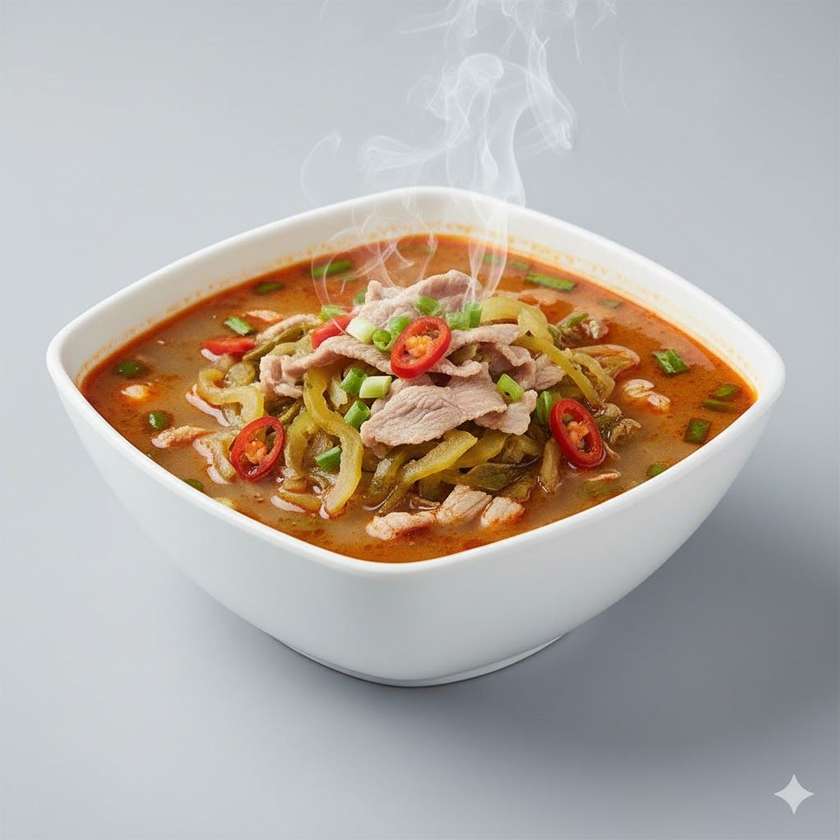 12. Polievka so Sichuanskou zeleninou a bravčovým mäso Soup with hot pickled vegetables and pork