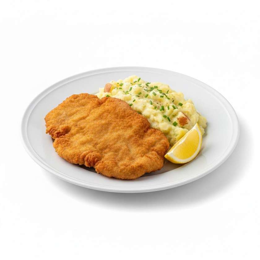 Fried pork leg steak, mashed potatoes, lemon