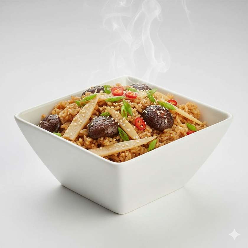 129. Pražená ryža s bambusovými výhonkami a hubami