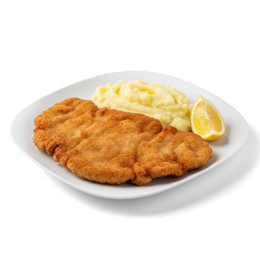 Fried pork leg steak, mashed potatoes, lemon