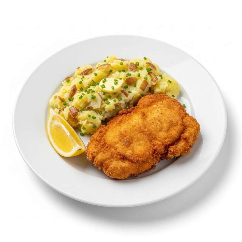 Fried chicken thigh steak, mashed potatoes, lemon