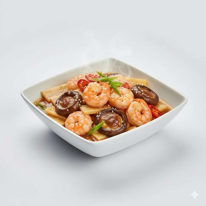 83. Krevety s bambusovými výhonkami a hubami