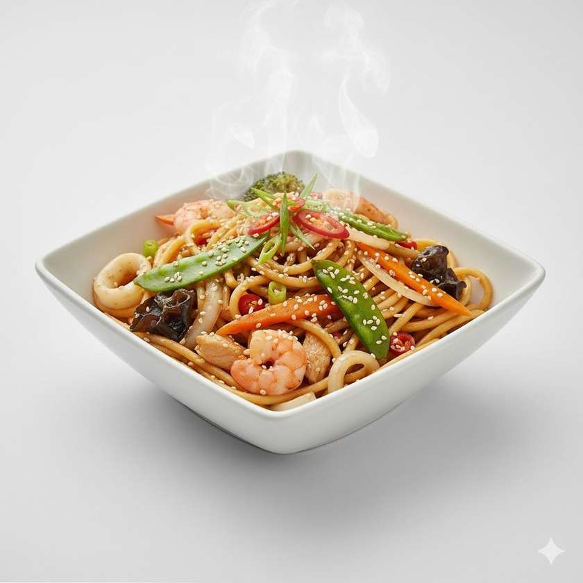 132 Opražené špagetové rezance so tromi druhmi mäso